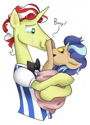 Size: 606x837 | Tagged: safe, artist:susiebeeca, derpibooru import, flim, oc, oc:hesperides loophole apple, pony, baby, baby pony, boop, crying, fanfic art, father and daughter, foal, offspring, parent:applejack, parent:flim, parents:flimjack, tears of joy