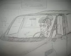 Size: 3691x2887 | Tagged: safe, artist:missmayaleanne, derpibooru import, sci-twi, twilight sparkle, equestria girls, driving, ford, grayscale, humanized, monochrome, ohio, solo, toledo, traditional art, truck