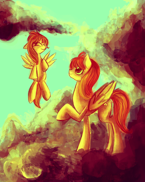 Size: 2000x2500 | Tagged: artist:jubilannt, cloud, cloudy, derpibooru import, filly, first flight, mother and daughter, safe, spitfire, stormy flare, younger