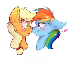 Size: 1200x1000 | Tagged: dead source, safe, artist:shiny-cooler, derpibooru import, applejack, rainbow dash, appledash, bedroom eyes, blushing, boop, cute, eye contact, female, floppy ears, frown, grin, heart, lesbian, nose wrinkle, noseboop, nuzzling, open mouth, shipping, smiling, wavy mouth, wide eyes