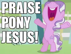 Size: 800x600 | Tagged: safe, derpibooru import, screencap, diamond tiara, pony, crusaders of the lost mark, bipedal, caption, christianity, excited, happy, image macro, implied twilight sparkle, jesus christ, looking up, meme, open mouth, raised hoof, religion, solo, volumetric mouth, yelling