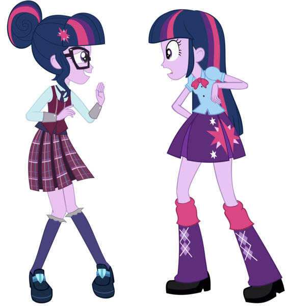 Size: 6854x7200 | Tagged: safe, artist:greenmachine987, derpibooru import, sci-twi, twilight sparkle, twilight sparkle (alicorn), equestria girls, friendship games, absurd resolution, clothes, crystal prep academy, crystal prep academy uniform, crystal prep shadowbolts, duo, face to face, glasses, long hair, open mouth, photoshop, pleated skirt, school uniform, shocked, simple background, skirt, transparent background, twolight, vector, waving