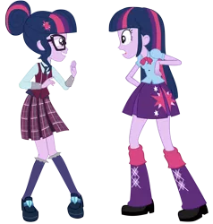 Size: 6854x7200 | Tagged: safe, artist:greenmachine987, derpibooru import, sci-twi, twilight sparkle, twilight sparkle (alicorn), equestria girls, friendship games, absurd resolution, clothes, crystal prep academy, crystal prep academy uniform, crystal prep shadowbolts, duo, face to face, glasses, long hair, open mouth, photoshop, pleated skirt, school uniform, shocked, simple background, skirt, transparent background, twolight, vector, waving