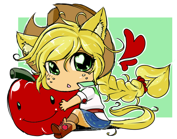 Size: 600x474 | Tagged: safe, artist:zukicure5gogo, derpibooru import, applejack, equestria girls, apple, boots, braid, cat ears, cat tail, catgirl, chibi, clothes, cowboy boots, cowboy hat, cute, denim skirt, eared humanization, freckles, glomp, hat, heart, heart eyes, humanized, image, jackabetes, jpeg, kemonomimi, neko, nekomimi, no nose, pony ears, ponytail, skirt, stetson, tail, tailed humanization, wingding eyes