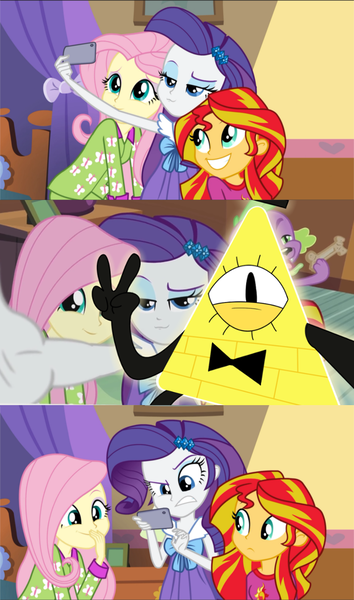 Size: 690x1170 | Tagged: safe, derpibooru import, screencap, fluttershy, rarity, spike, sunset shimmer, dog, equestria girls, rainbow rocks, bill cipher, clothes, dog biscuit, gravity falls, meme, pajamas, peace sign, photobomb, selfie, spike the dog