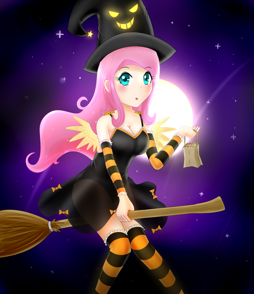 Size: 1500x1734 | Tagged: artist:vanillafox2035, bag, bow, breasts, broom, cleavage, clothes, derpibooru import, dress, female, fluttershy, flying, flying broomstick, full moon, gloves, halloween, hat, human, humanized, moon, socks, solo, solo female, stars, striped socks, suggestive, winged humanization, witch, witch hat