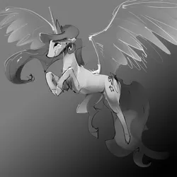 Size: 1000x1000 | Tagged: 8chan, artist:alumx, derpibooru import, flying, monochrome, /pone/, princess celestia, safe, solo