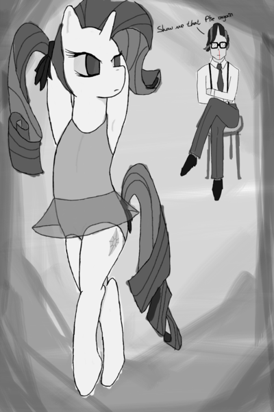 Size: 1744x2614 | Tagged: armpits, artist:jonathan the awesome, ballet, blood, dancing, derpibooru import, female, filly, filly rarity, horned humanization, human, humanized, implied foalcon, leotard, monochrome, nosebleed, oc, oc:jona clay, rarity, safe