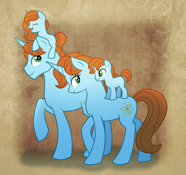 Size: 3346x3134 | Tagged: artist:9centschange, bioshock infinite, colt, derpibooru import, filly, inbred, lutece twins, offspring, parents:selfcest, ponies riding ponies, ponified, product of incest, raised hoof, robert lutece, rosalind lutece, safe, selfcest, self ponidox, shipping, smiling