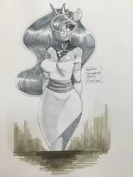 Size: 1280x1707 | Tagged: safe, artist:kevinsano, derpibooru import, princess luna, anthro, :p, bedroom eyes, breasts, busty princess luna, clothes, dress, female, hair over one eye, inktober, monochrome, smiling, solo, teasing, tongue out, traditional art