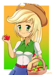 Size: 2480x3508 | Tagged: safe, artist:kateychazuu, derpibooru import, applejack, equestria girls, apple, basket, clothes, cowboy hat, denim skirt, freckles, fruit, hat, skirt, solo, stetson