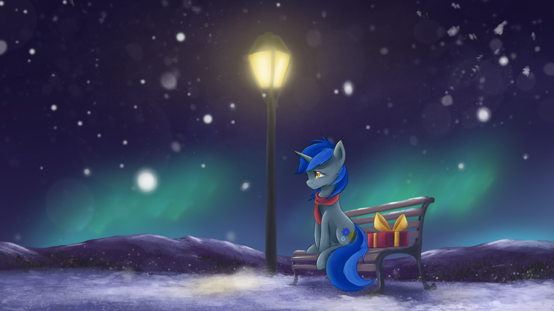 Size: 2400x1350 | Tagged: safe, artist:ardail, derpibooru import, edit, oc, oc:sprockette, unofficial characters only, pony, unicorn, bench, clothes, desktop background, present, scarf, snow, snowfall, solo, wallpaper, winter