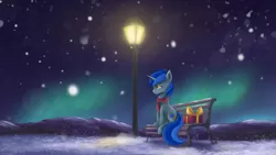 Size: 2400x1350 | Tagged: safe, artist:ardail, derpibooru import, edit, oc, oc:sprockette, unofficial characters only, pony, unicorn, bench, clothes, desktop background, present, scarf, snow, snowfall, solo, wallpaper, winter