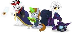 Size: 5086x2336 | Tagged: safe, artist:vector-brony, derpibooru import, mare do well, oc, oc:blackjack, oc:boo, oc:littlepip, pony, unicorn, fallout equestria, fallout equestria: project horizons, fanfic, blushing, boocord, book, bottle, cloak, clothes, fanfic art, female, glowing horn, horn, image, immortality, large horn, levitation, magic, mare, pipbuck, pipleg, png, saddle bag, simple background, telekinesis, transparent background, vault suit, wild pegasus