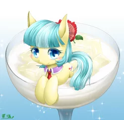 Size: 990x955 | Tagged: safe, artist:hashioaryut, derpibooru import, coco pommel, pony, cocobetes, cup of pony, cute, glass, micro, nata de coco, solo, tiny ponies