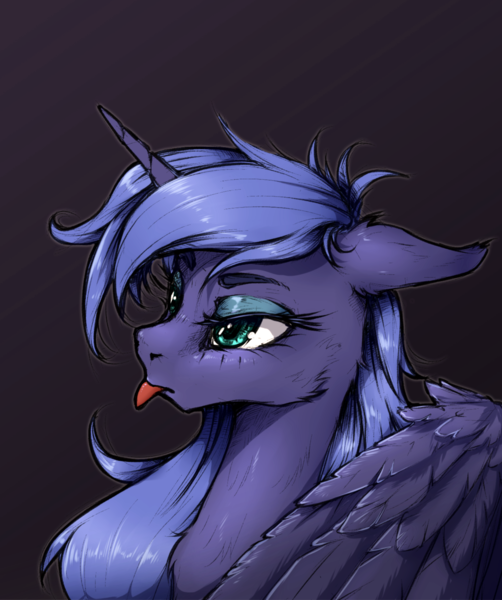 Size: 1256x1500 | Tagged: safe, artist:madhotaru, derpibooru import, princess luna, alicorn, pony, female, mare, messy mane, portrait, s1 luna, solo, tongue out