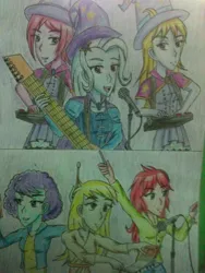 Size: 774x1032 | Tagged: safe, artist:starlaurentitan, derpibooru import, blueberry pie, derpy hooves, fuchsia blush, lavender lace, raspberry fluff, trixie, equestria girls, rainbow rocks, female, the muffins, traditional art, trixie and the illusions
