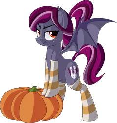 Size: 1847x1944 | Tagged: safe, artist:january3rd, derpibooru import, oc, oc:spotlight splash, unofficial characters only, bat pony, pony, equestria daily, clothes, equestria daily mascots, freckles, halloween, mascot, ponytail, pumpkin, simple background, socks, solo, striped socks, transparent background, wings