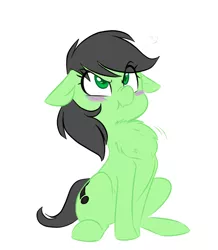 Size: 778x891 | Tagged: safe, artist:jessy, derpibooru import, edit, oc, oc:anon, oc:anonfilly, ponified, unofficial characters only, earth pony, pony, /mlp/, adoranon, age regression, behaving like a bird, blushing, chest fluff, cute, daaaaaaaaaaaw, female, filly, floppy ears, fluffy, frown, implied transformation, implied transgender transformation, nose wrinkle, peacocking, scrunchy face, sitting, solo, sweet dreams fuel
