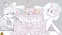 Size: 1920x1080 | Tagged: safe, artist:pirill, derpibooru import, applejack, fluttershy, pinkie pie, princess celestia, princess luna, rainbow dash, rarity, spike, sunset shimmer, twilight sparkle, twilight sparkle (alicorn), oc, oc:fausticorn, alicorn, pony, alternate mane seven, anniversary, cake, female, grin, happy birthday mlp:fim, hat, mane seven, mane six, mare, mlp fim's fifth anniversary, monochrome, party hat, party horn, smiling, spread wings, wip