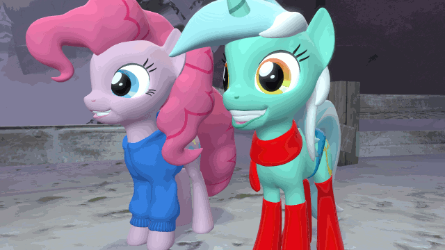 Size: 640x360 | Tagged: safe, artist:camchao, derpibooru import, lyra heartstrings, pinkie pie, earth pony, pony, unicorn, 3d, animated, clothes, creepy, duo, female, grin, hoodie, mare, nightmare fuel, papylyra, papyrus, papyrus (undertale), parody, sans (undertale), sans pie, scarf, seizure warning, smiling, socks, source filmmaker, squee, undertale, wat