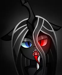 Size: 500x600 | Tagged: semi-grimdark, artist:galliromanov, derpibooru import, queen chrysalis, blade lick, heterochromia, hoof hold, knife, licking, looking at you, open mouth, prehensile tongue, slit eyes, solo, tongue out