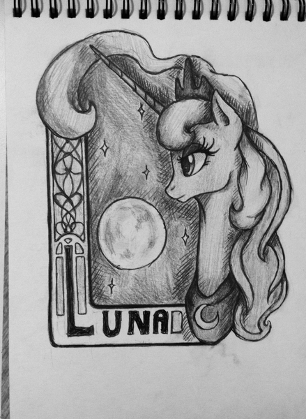 Size: 2060x2815 | Tagged: safe, artist:denigirl, derpibooru import, princess luna, grayscale, monochrome, solo