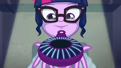 Size: 1280x720 | Tagged: safe, deleted from derpibooru, derpibooru import, screencap, sci-twi, twilight sparkle, equestria girls, friendship games, clothes, creepy, dead ringer, glasses, holding, lab coat, magic capture device, solo