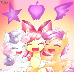 Size: 1000x979 | Tagged: apple bloom, artist:hashioaryut, crusaders of the lost mark, cutie mark, cutie mark crusaders, derpibooru import, eyes closed, happy, pixiv, safe, scootaloo, sweetie belle, the cmc's cutie marks