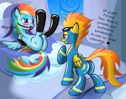 Size: 1400x1100 | Tagged: suggestive, artist:ziemniax, derpibooru import, rainbow dash, spitfire, ballgag, blushing, bondage, clothes, dashsub, evening gloves, female, femsub, gag, gloves, image, latex, latex gloves, latex stockings, latex suit, lesbian, long gloves, plot, png, shipping, show accurate, show accurate porn, spitdash, stockings, submissive, thigh highs