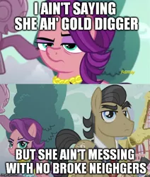 Size: 500x590 | Tagged: crusaders of the lost mark, derpibooru import, edit, edited screencap, filthy rich, gold digger, image macro, meme, rap, safe, screencap, semi-vulgar, spoiled rich, spoilthy