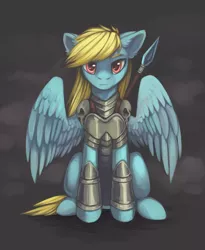 Size: 2149x2619 | Tagged: safe, artist:dragonataxia, derpibooru import, oc, oc:downburst, unofficial characters only, pegasus, pony, armor, sitting, solo, spear, weapon