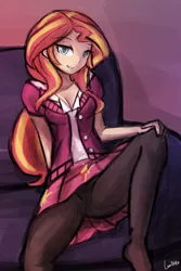 Size: 750x1125 | Tagged: suggestive, artist:lumineko, derpibooru import, sunset shimmer, human, equestria girls, 30 minute art challenge, bedroom eyes, breasts, cleavage, clothes, female, grin, looking at you, pantyhose, sitting, skirt, smiling, solo, solo female, spread legs, upskirt