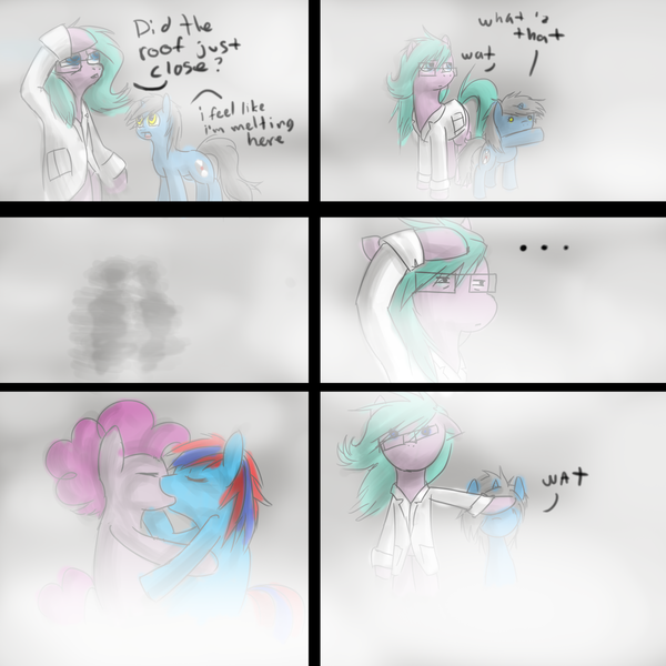 Size: 1280x1280 | Tagged: safe, derpibooru import, pinkie pie, oc, oc:atomspilt, pony, vocational death cruise, bipedal, comic, dialogue, eyes closed, female, kinkie pie, kissing, lesbian, squint, steam, wat