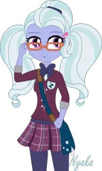 Size: 738x1227 | Tagged: safe, artist:nyaka2014, derpibooru import, sugarcoat, equestria girls, friendship games, bag, bowtie, clothes, crystal prep academy, crystal prep academy uniform, crystal prep shadowbolts, glasses, satchel, school uniform, signature, simple background, skirt, solo, sugarcute, transparent background, vector