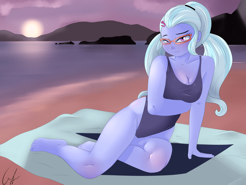 Size: 4000x3000 | Tagged: suggestive, artist:matimus91, derpibooru import, sugarcoat, equestria girls, friendship games, absurd resolution, barefoot, beach, breasts, busty sugarcoat, cleavage, clothes, feet, female, glasses, one-piece swimsuit, pigtails, solo, sunset, swimsuit, towel
