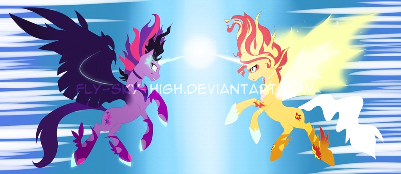 Size: 1600x693 | Tagged: safe, artist:fly-sky-high, derpibooru import, sci-twi, sunset shimmer, twilight sparkle, ponified, pony, equestria girls, friendship games, daydream shimmer, equestria girls ponified, midnight sparkle, watermark