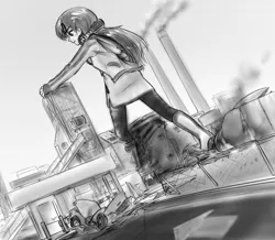 Size: 1185x1032 | Tagged: safe, artist:alloyrabbit, derpibooru import, vinyl scratch, equestria girls, background human, city, clothes, destruction, giantess, headphones, industrial, macro, monochrome, solo