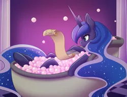 Size: 1024x780 | Tagged: safe, artist:duskyamore, derpibooru import, princess luna, pony, annoyed, bath, bathtub, bubble bath, claw foot bathtub, female, mare, scroll, solo, working