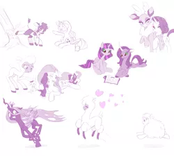 Size: 2226x2000 | Tagged: safe, artist:dstears, derpibooru import, angel bunny, applejack, arizona cow, fluttershy, oleander (tfh), paprika paca, pom lamb, queen chrysalis, rarity, twilight sparkle, twilight sparkle (alicorn), velvet reindeer, oc, oc:fluffle puff, alicorn, alpaca, classical unicorn, cow, deer, pony, reindeer, sheep, them's fightin' herds, bandana, chase, clothes, cloven hooves, community related, cowboy hat, crossover, curved horn, dark magic, female, fluffle puff is not amused, hat, heart, kicking, lamb, leonine tail, magic, mare, monochrome, pronking, puppy, running, scarf, scrunchy face, sketch, sketch dump, tree, unamused, unicornomicon