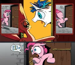 Size: 945x821 | Tagged: crossing the memes, derpibooru import, exploitable meme, hello, idw, meme, pinkie pie, safe, screaming armor, shining armor, surprise door