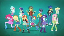 Size: 1360x768 | Tagged: safe, derpibooru import, screencap, applejack, bon bon, derpy hooves, flash sentry, fluttershy, lyra heartstrings, microchips, pinkie pie, rainbow dash, rarity, sandalwood, sunset shimmer, sweetie drops, equestria girls, friendship games, humane five, wondercolts