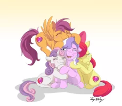 Size: 3542x3096 | Tagged: safe, artist:strixmoonwing, derpibooru import, apple bloom, diamond tiara, scootaloo, sweetie belle, earth pony, pegasus, pony, unicorn, crusaders of the lost mark, backwards cutie mark, blushing, crying, cutie mark, cutie mark crusaders, eyes closed, female, filly, floppy ears, flying, forgiveness, gradient background, hug, open mouth, sitting, smiling, tears of joy, the cmc's cutie marks, tiaralove, wink