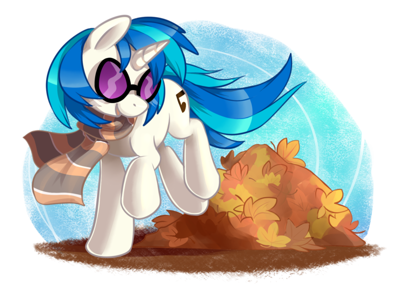 Size: 1665x1194 | Tagged: artist:styxlady, autumn, clothes, derpibooru import, leaf, safe, scarf, solo, vinyl scratch