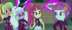 Size: 1697x717 | Tagged: safe, derpibooru import, screencap, lemon zest, sour sweet, sugarcoat, sunny flare, equestria girls, friendship games, clothes, crystal prep academy, crystal prep academy uniform, crystal prep shadowbolts, panorama, portals, school uniform