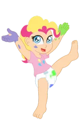 Size: 722x1106 | Tagged: age regression, artist:the-crusader-network, barefoot, cute, derpibooru import, diaper, feet, human, humanized, paint, pinkie pie, poofy diaper, safe, solo, younger