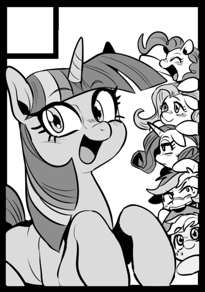 Size: 635x903 | Tagged: applejack, artist:nekubi, circle cut, derpibooru import, fluttershy, mane six, monochrome, pinkie pie, rainbow dash, rarity, safe, twilight sparkle