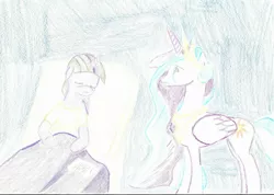 Size: 2267x1610 | Tagged: semi-grimdark, artist:methaw, derpibooru import, princess celestia, twilight sparkle, alicorn, pony, crying, dying, elderly, hospital, immortality blues, older, traditional art