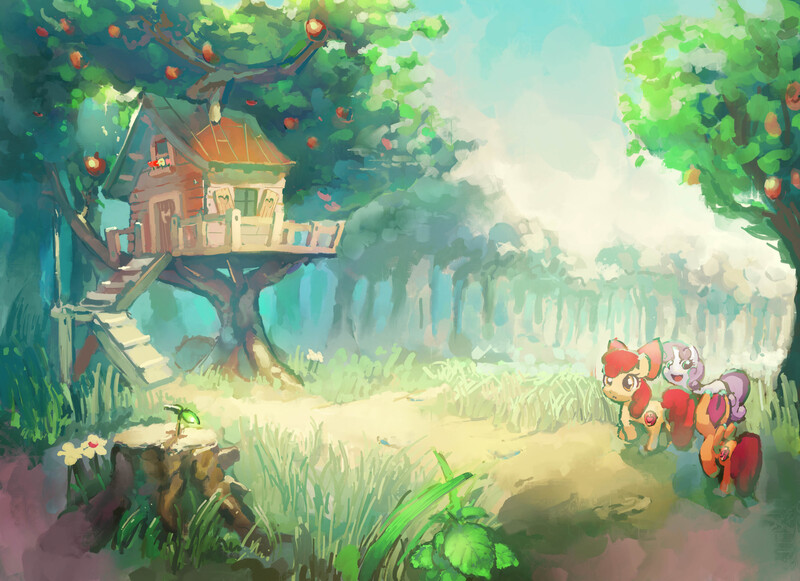 Size: 3510x2550 | Tagged: apple bloom, apple orchard, artist:yogurtbomb, clubhouse, crusaders clubhouse, crusaders of the lost mark, cutie mark, cutie mark crusaders, derpibooru import, orchard, pixiv, safe, scenery, scootaloo, sweetie belle, the cmc's cutie marks