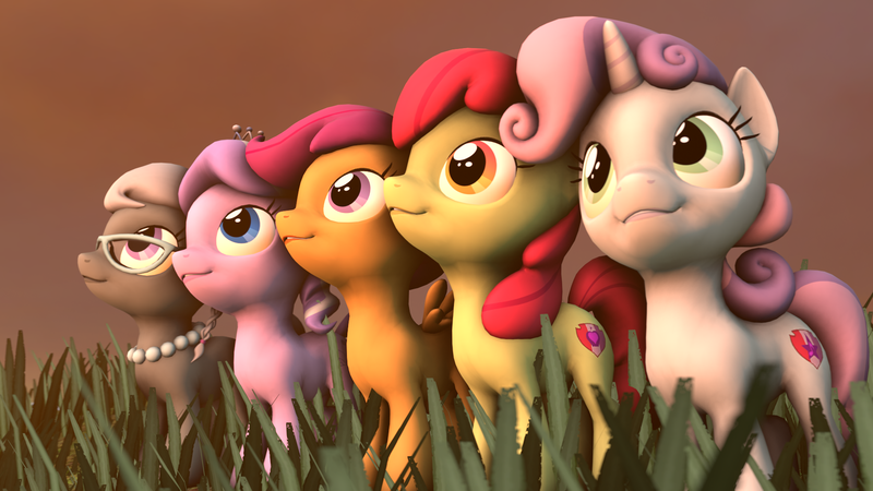 Size: 1920x1080 | Tagged: 3d, apple bloom, artist:sugarcube-cake, crusaders of the lost mark, cute, cutie mark, cutie mark crusaders, derpibooru import, diamond tiara, grass, grin, looking up, safe, scootaloo, silver spoon, smiling, source filmmaker, sweetie belle, the cmc's cutie marks